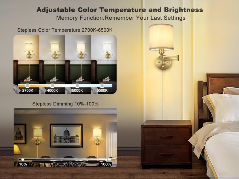 GOODATE Plug in Wall Sconces with Remote Control, Dimming 10%-100% & Adjustable Colors 2700K-6500K, Hardwire or Plug-in, Swing Arm Wall Lamp with White Fabric Shade, Wall Sconces Set of Two, Gold Finish - Image 2